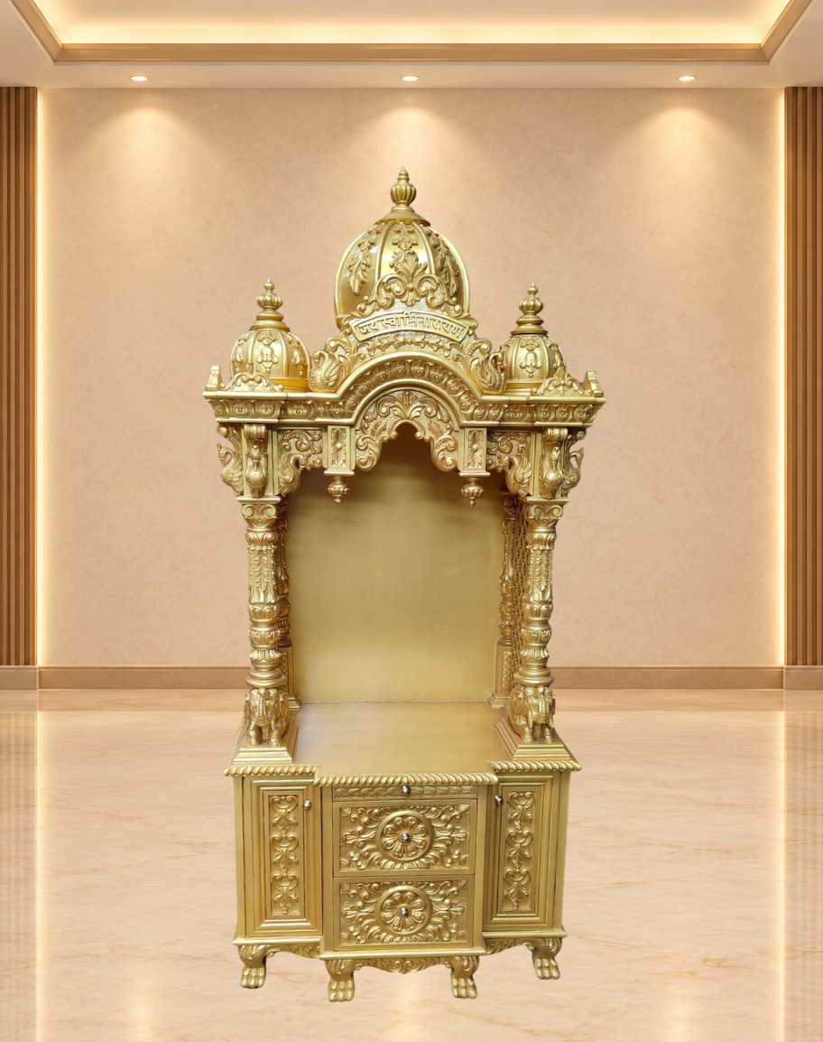 Handcrafted All-Gold Teak Wood Mandir with Storage Cabinets and Drawers