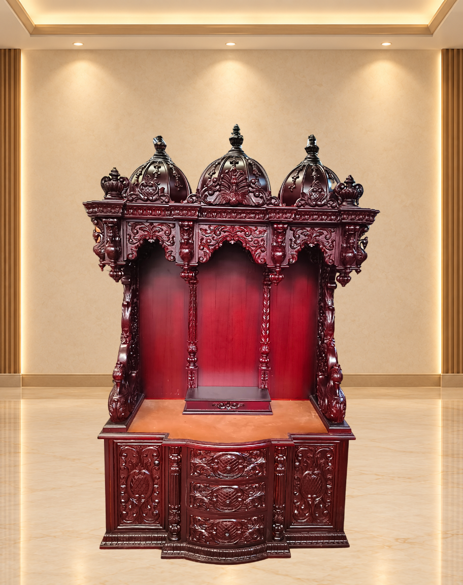 Triple-Dome Dark Teak Wood Mandir with Enclosed Storage Cabinets and Drawers