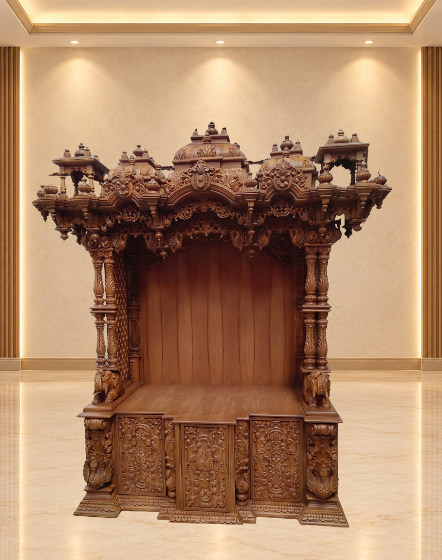 Handcrafted Multi-Dome Teak Wood Mandir with Elaborate Base Cabinetry