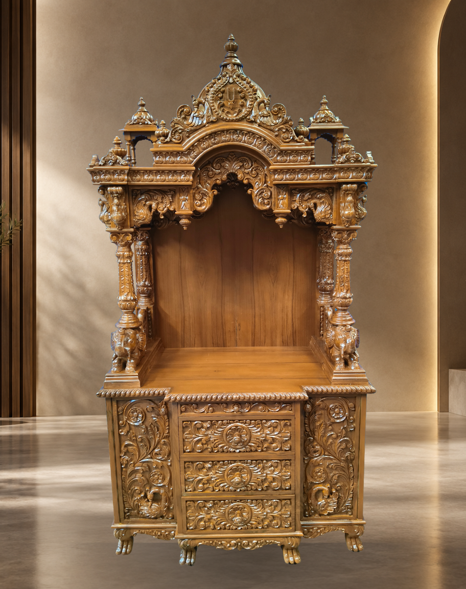 Handcrafted Teak Wood Grand Mandir with Storage Drawers
