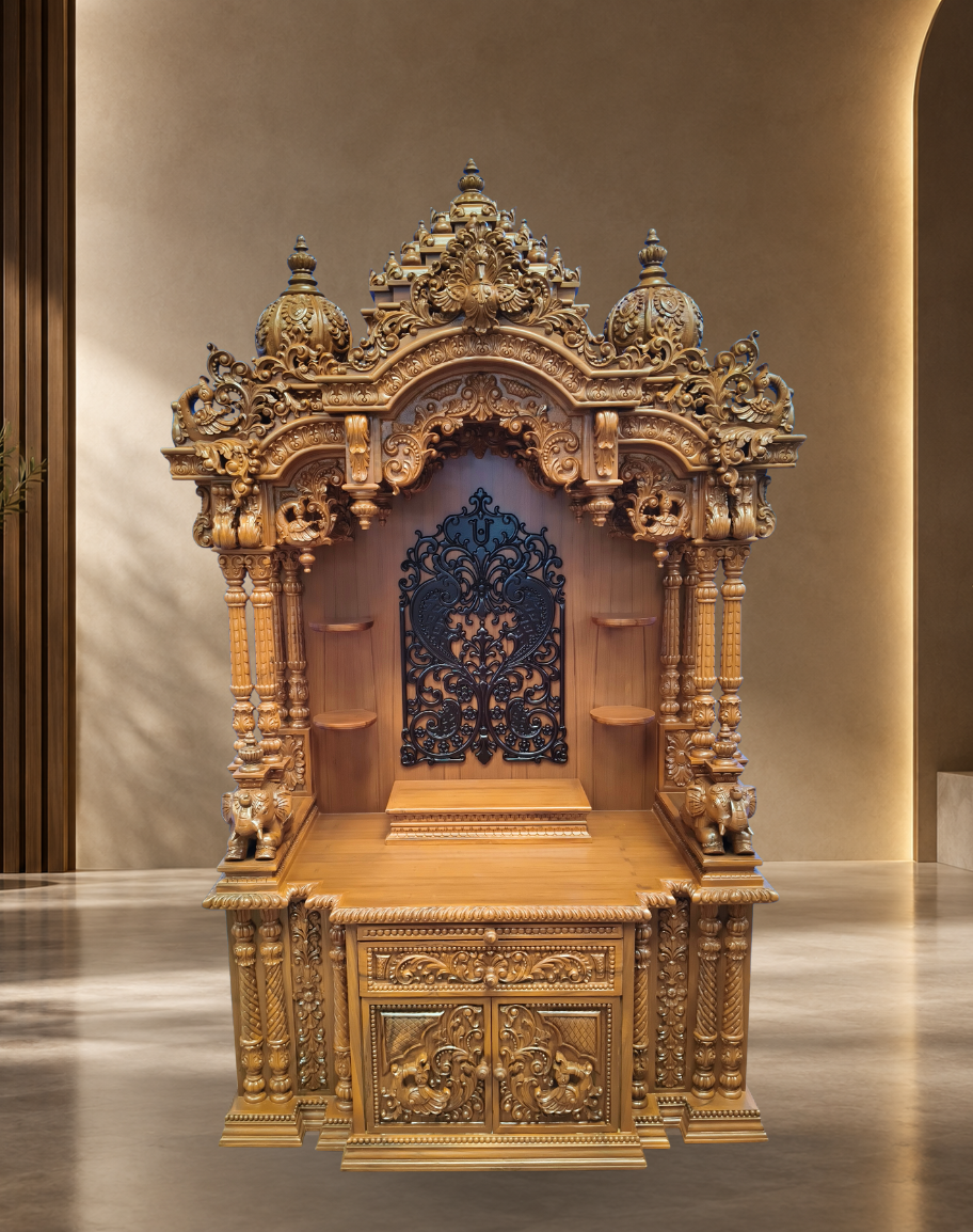 Handcrafted Teak Wood Grand Mandir with Side Shelves, Dark Back Panel Motif, and Storage