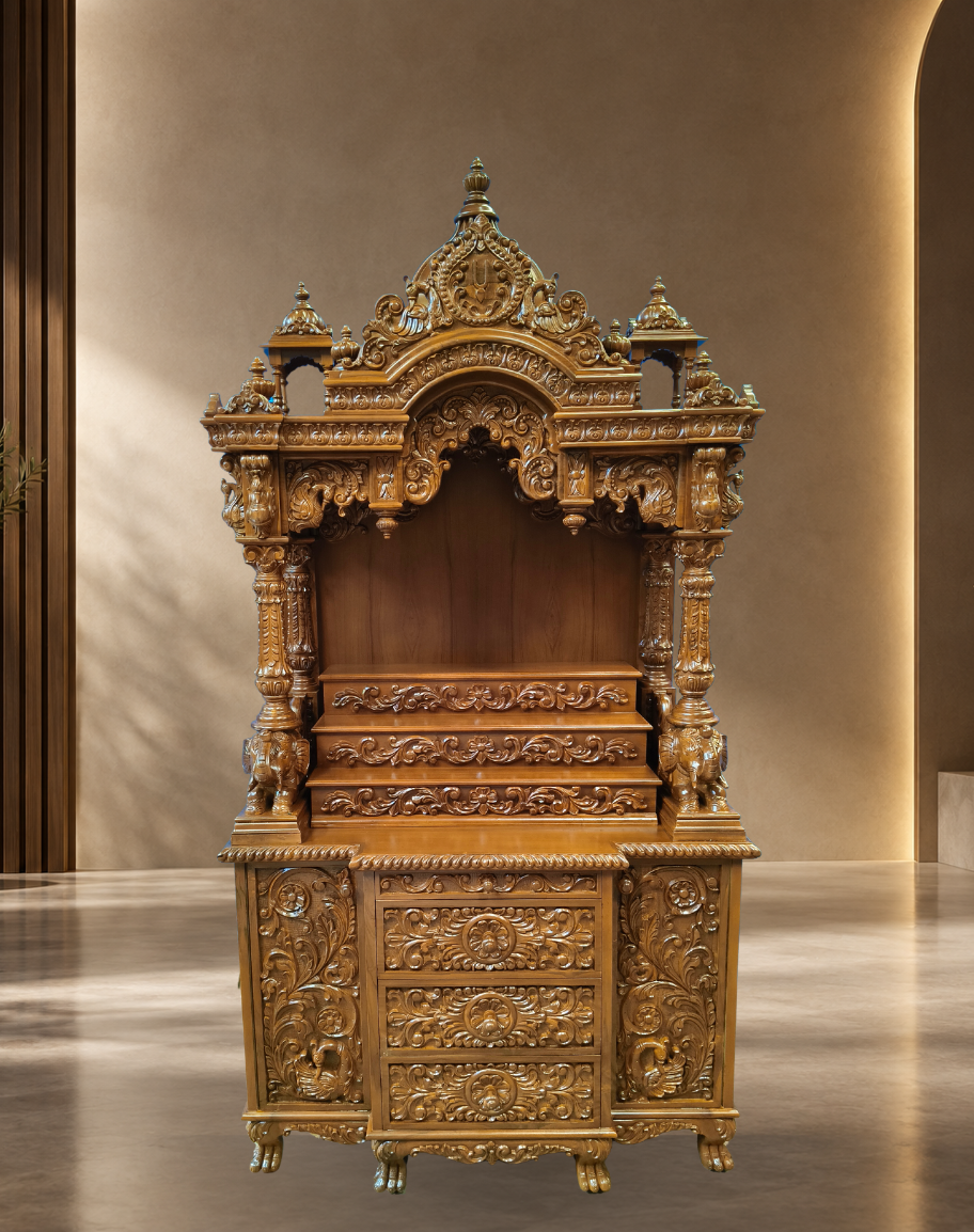 Handcrafted Teak Wood Grand Mandir with Storage Drawers and Steps