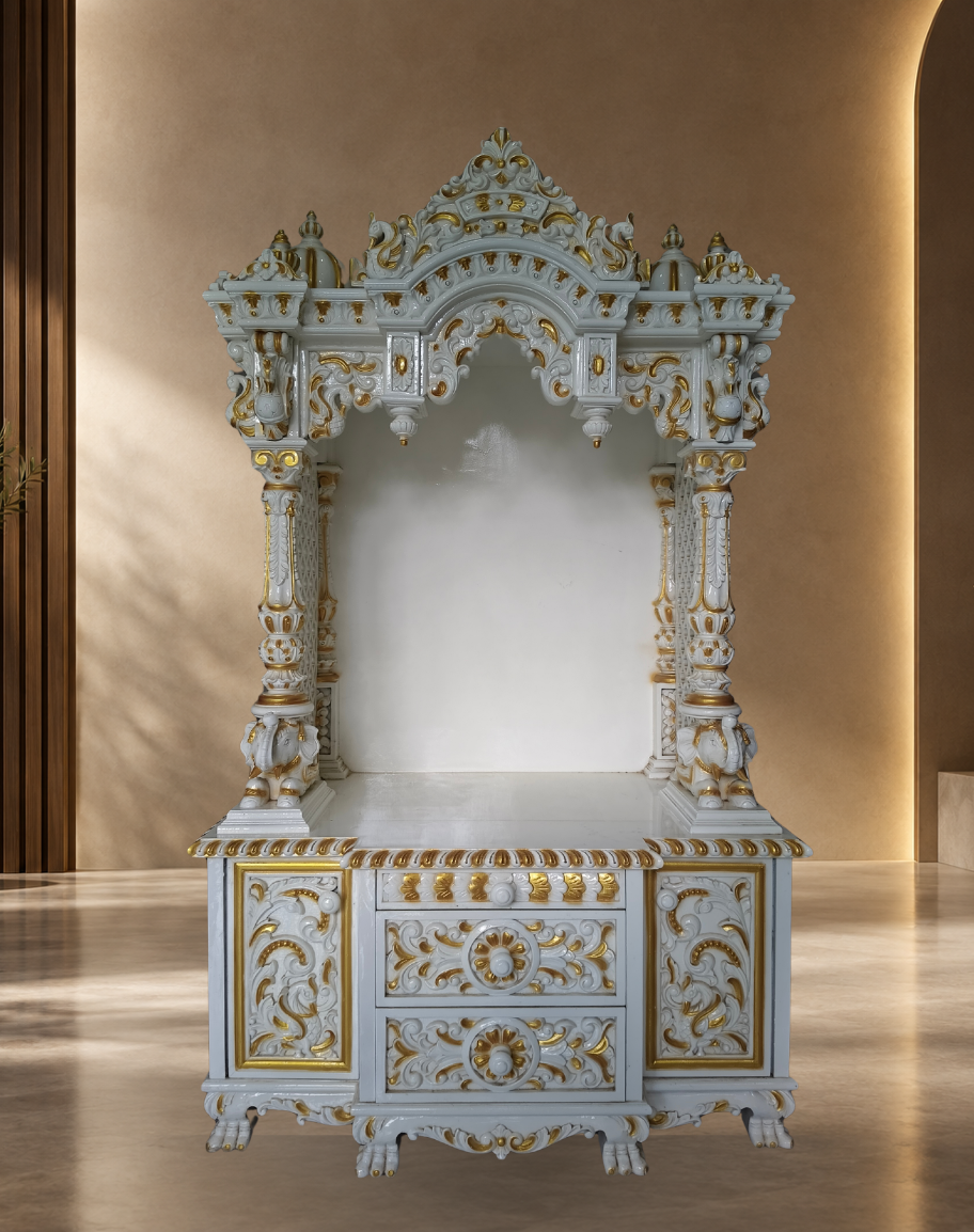 Handcrafted White and Gold Teak Wood Mandir with Storage Cabinets and Drawers