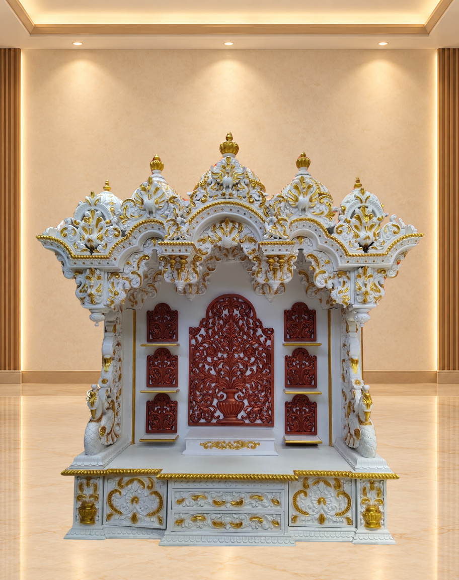 Handcrafted White and Gold Teak Wood Mandir with Contrast Red Jali Backing and Storage