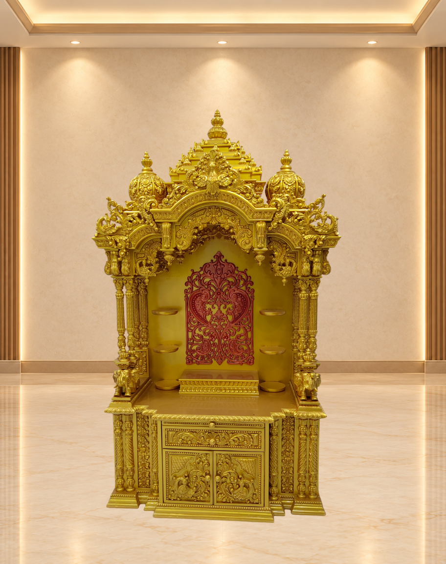 Handcrafted Gold Teak Wood Mandir with Side Shelves and Storage