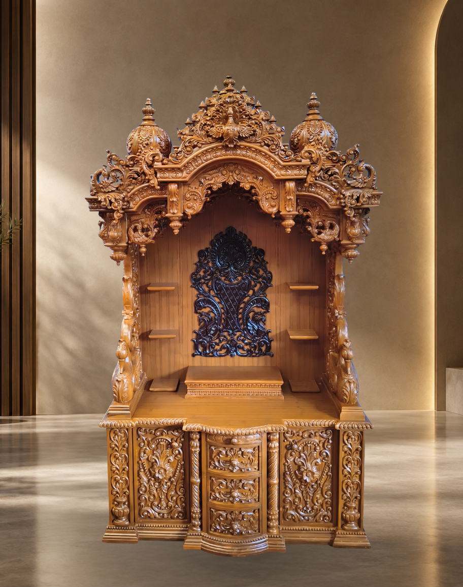 Handcrafted Teak Wood Grand Mandir with Side Shelves, Dark Back Panel Motif, and Storage