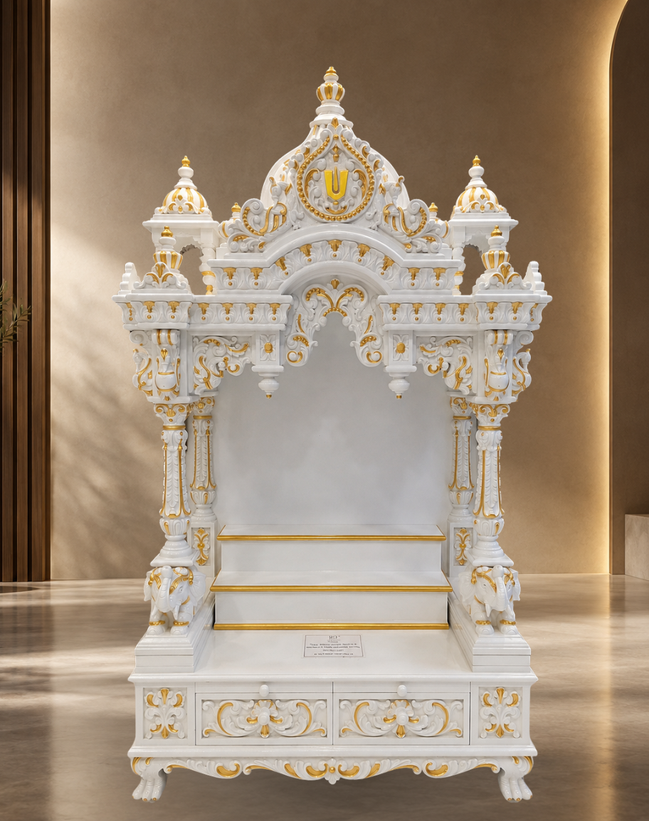 Handcrafted White and Gold Teak Wood Mandir