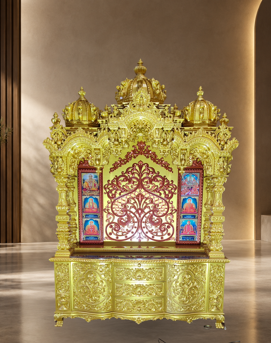 Handcrafted All-Gold Teak Wood Grand Mandir with Red Accents and Display Niches