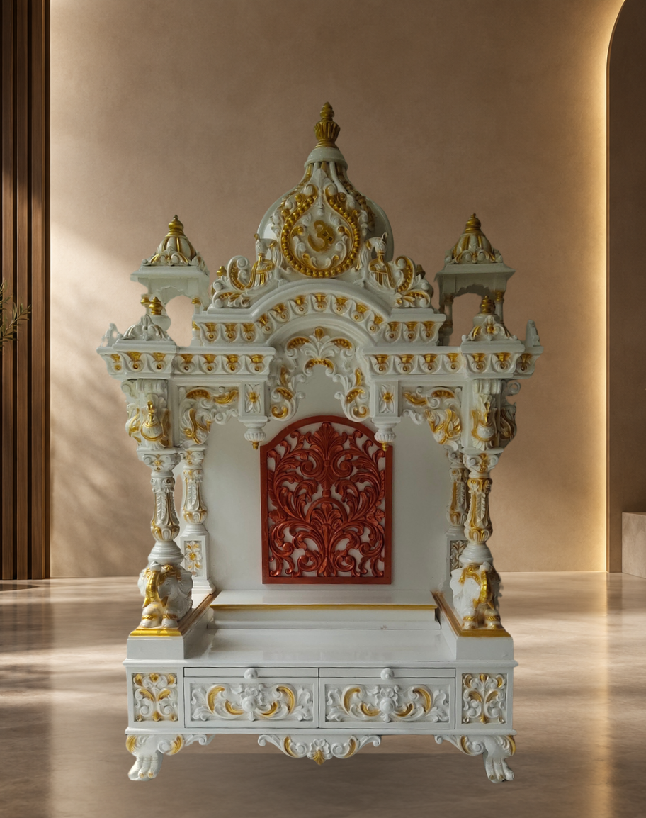 Handcrafted White and Gold Teak Wood Mandir with Red Back Panel Motif