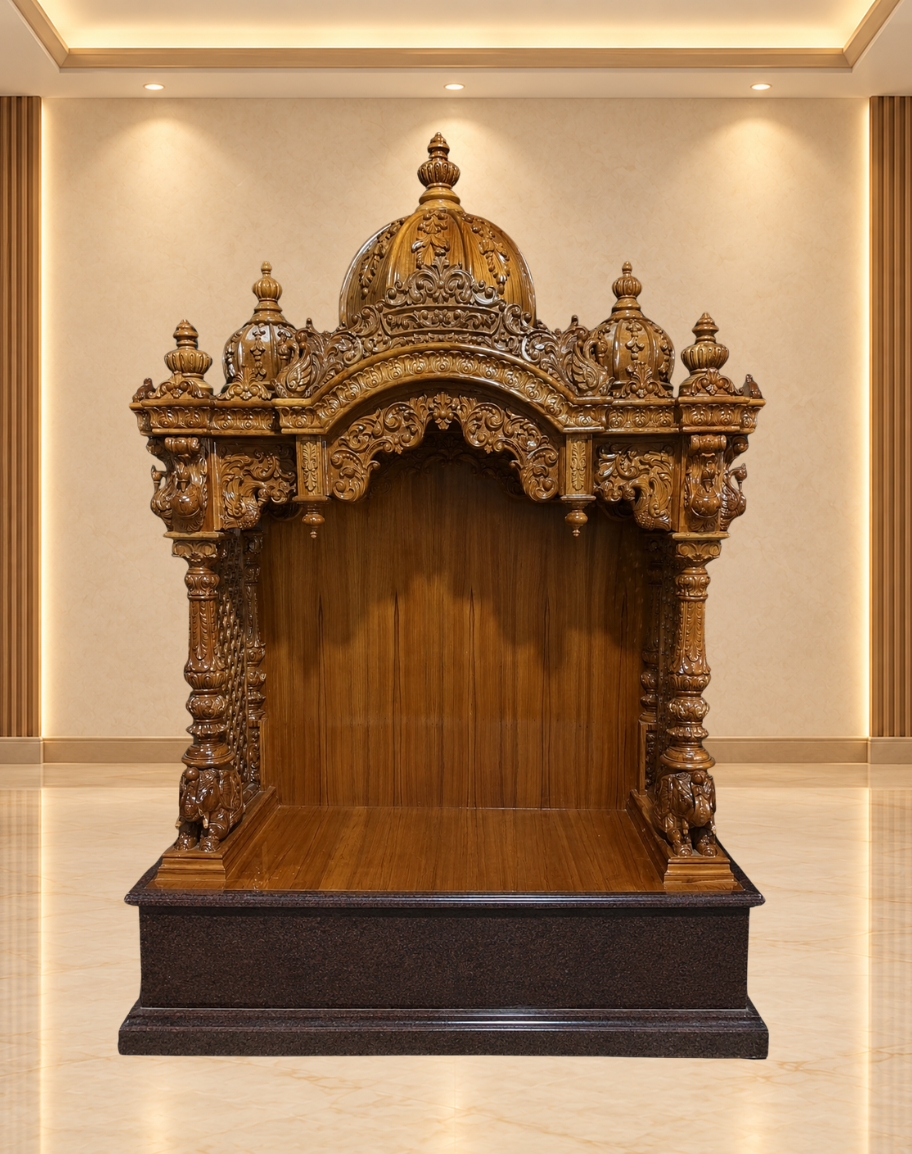 Majestic Dome-Top Teak Wood Mandir with Granite Base