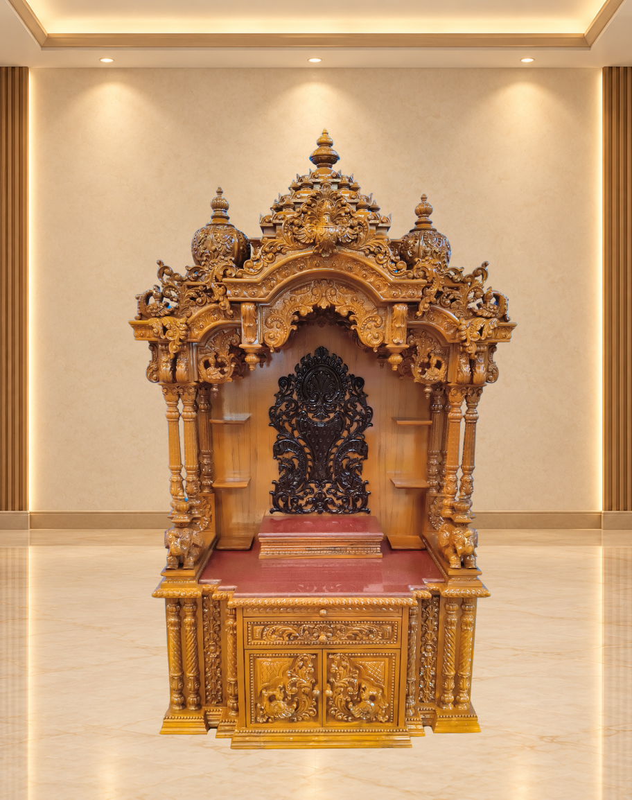 Handcrafted Teak Wood Mandir with Open Side Shelves and Lower Cabinet Storage
