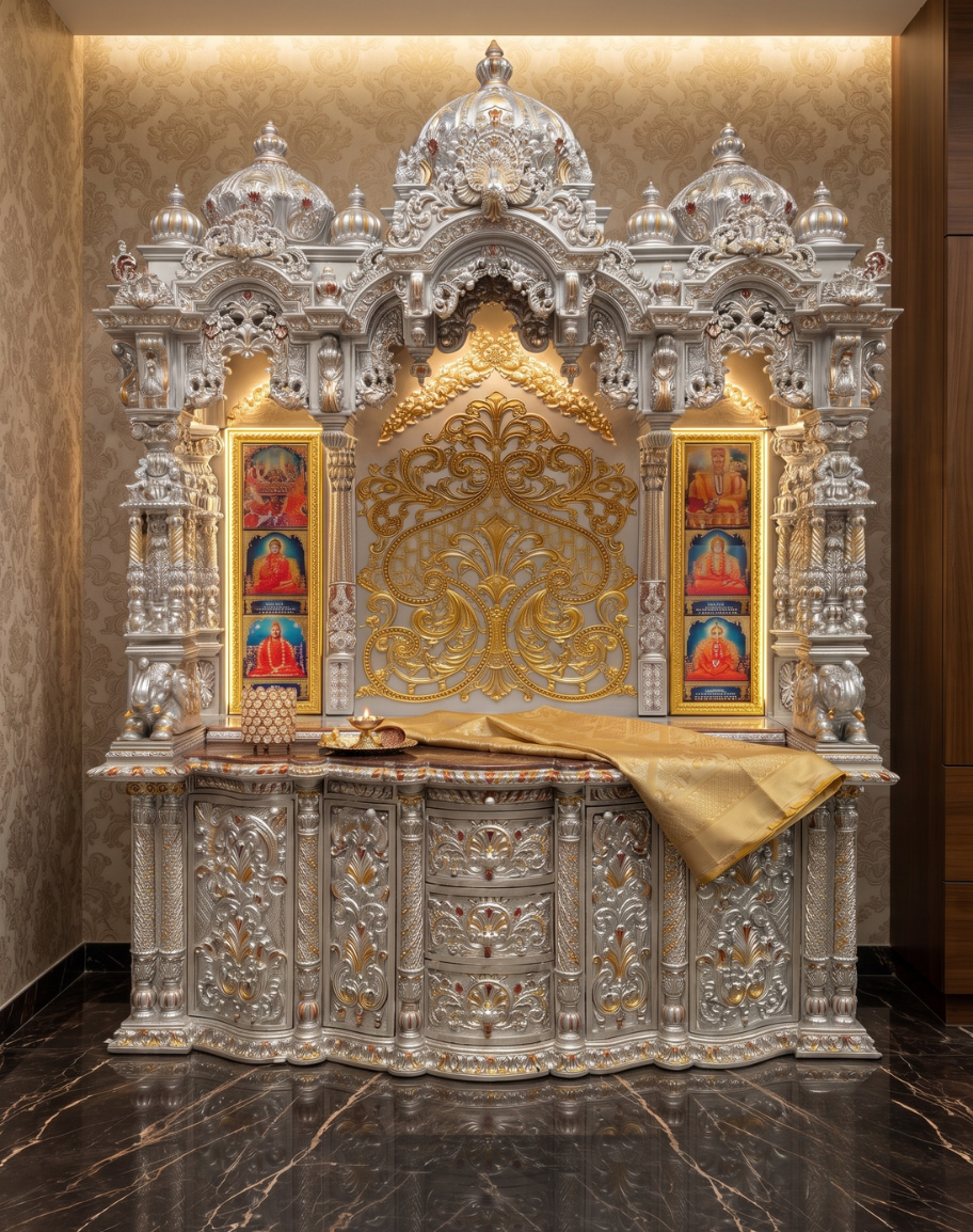 Handcrafted Silver and Gold Teak Wood Grand Mandir with Storage