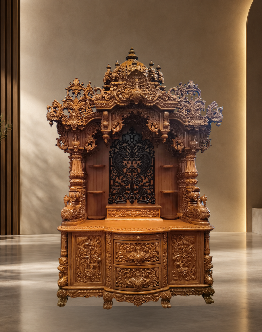 Handcrafted Teak Wood Grand Mandir with Side Shelves, Dark Back Panel Motif, and Storage