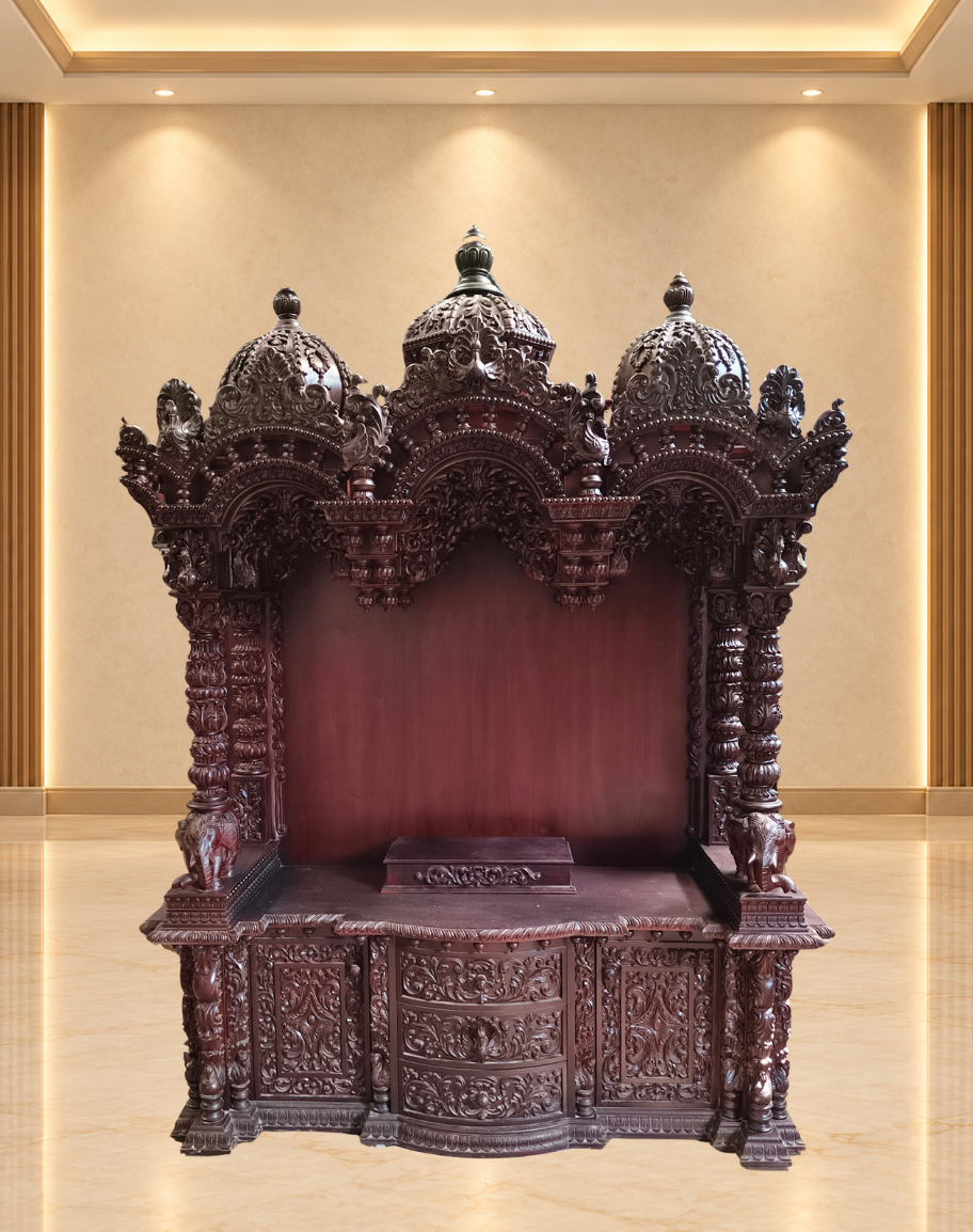 Handcrafted Dark Teak Wood Mandir with Storage Cabinets