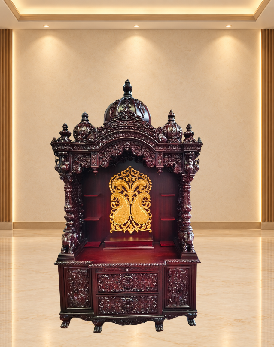 Handcrafted Dark Teak Wood Mandir with Side Shelves, Gold Back Panel Motif, and Storage