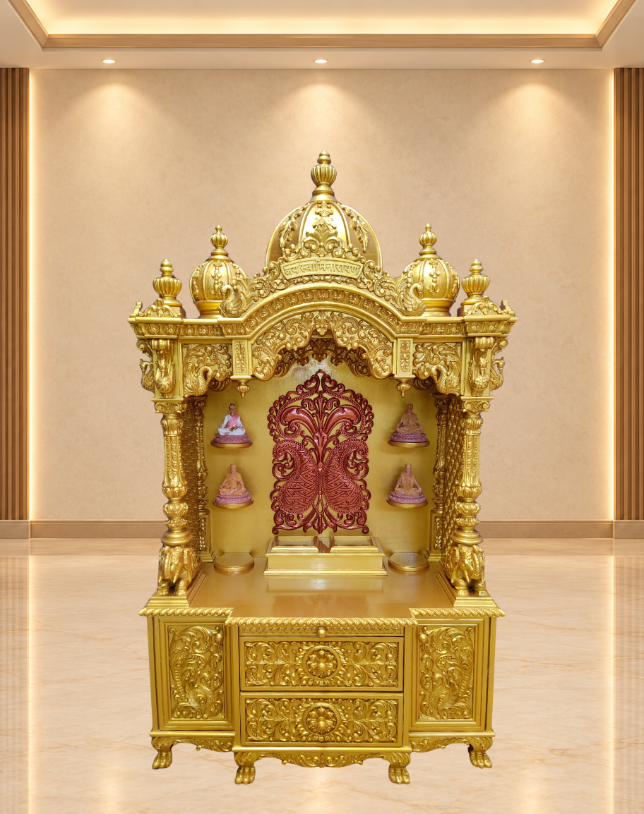Handcrafted All-Gold Teak Wood Mandir with Side Shelves, Red Back Panel Motif, and Storage