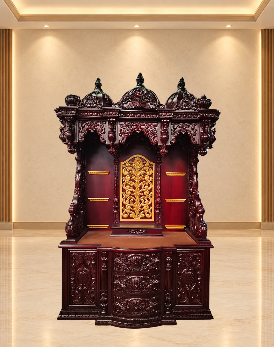 Handcrafted Dark Teak Wood Mandir with Side Shelves, Gold Back Panel, and Storage