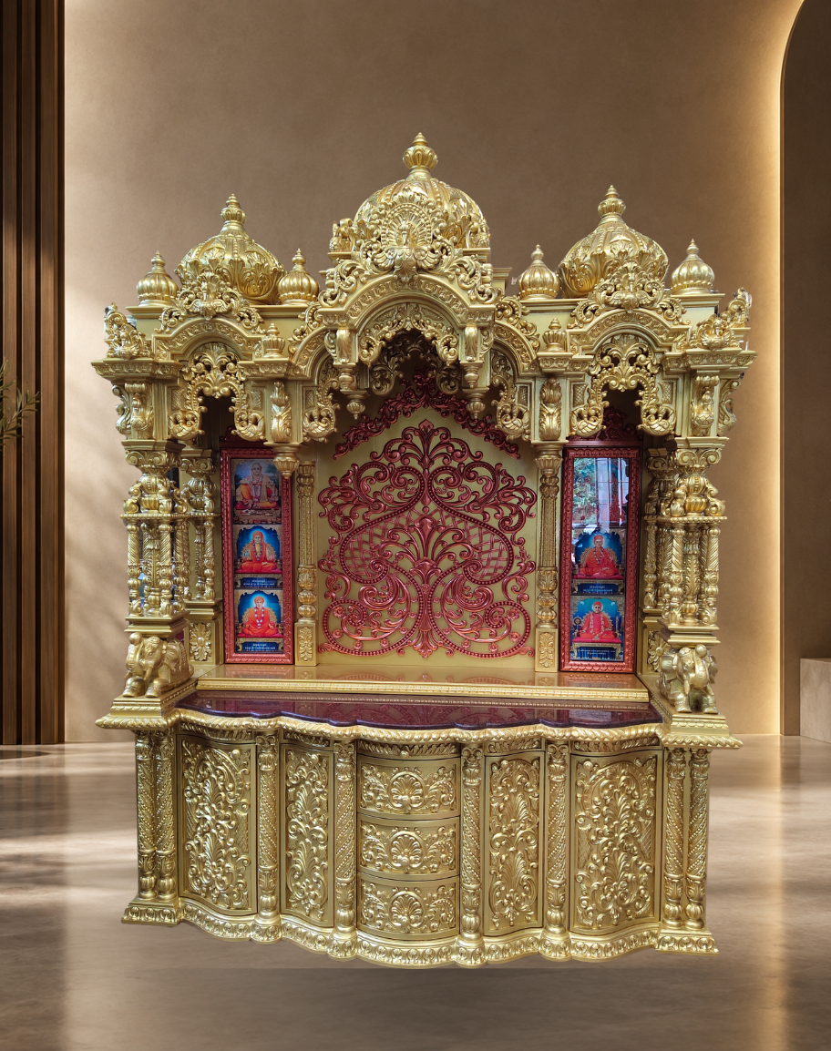 Handcrafted All-Gold Teak Wood Grand Mandir with Red Accents and Storage